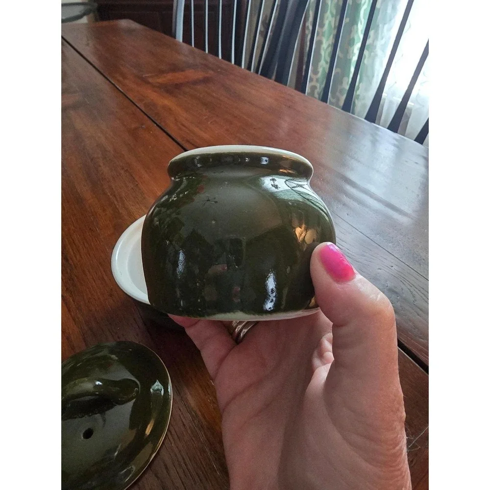 Vintage Hall China made in‎ USA Covered Sugar Bowl and Creamer Set Dark Green